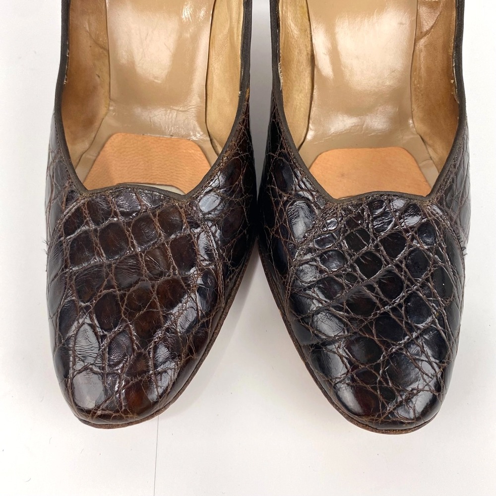 Luxury Leather Pumps Women's 6.5 Brown Croc Embossed All Leather Kitten Heels 37 - Picture 6 of 9